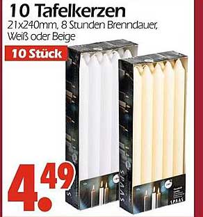 10 Tafelkerzen, 21x240mm, 8 Stunden Brenndauer, Weiß oder Beige