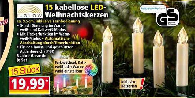 15 kabellose LED-Weihnachtskerzen mit Fernbedienung