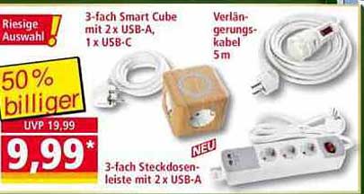 3-fach Smart Cube mit 2 x USB-A, 1 x USB-C und 3-fach Steckdosenleiste mit 2 x USB-A
