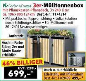 3er-Mülltonnenbox mit Pflanzkasten-Pflanzdach, 3x 240 Liter