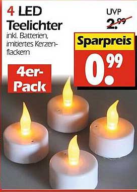 4 LED Teelichter inkl. Batterien, imitiertes Kerzenflackern