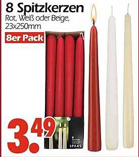 8 Spitzkerzen Rot, Weiß oder Beige, 23x250mm - 8er Pack