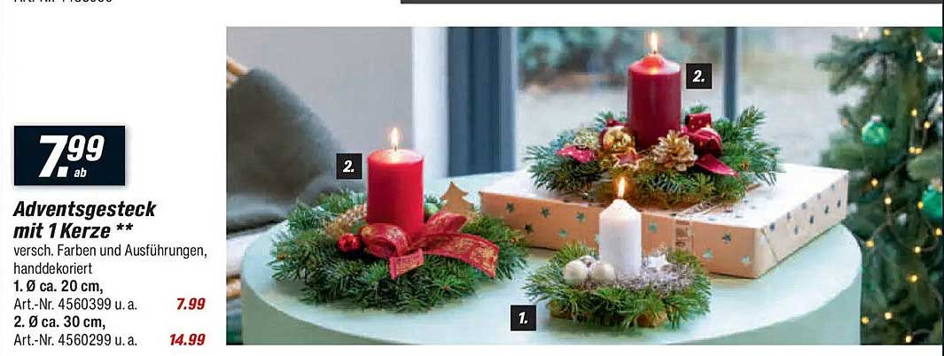 Adventsgebinde mit 1 Kerze - verschiedene Farben und Ausführungen, handdekoriert