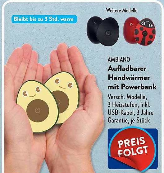 AMBIANO Aufladbarer Handwärmer mit Powerbank
