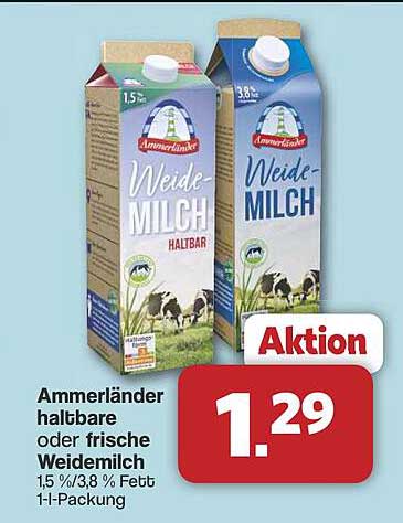 Ammerländer halbbare oder frische Weidemilch 1,5 % / 3,8 % Fett 1-l-Packung
