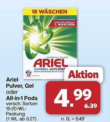 Ariel Pulver, Gel oder All-in-1 Pods - 18 Wäschen