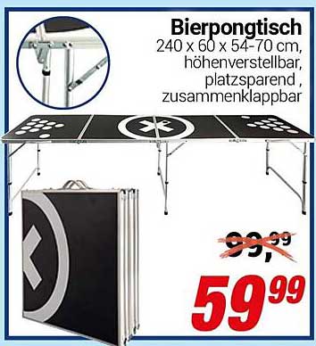 Bierpongtisch 240 x 60 x 54-70 cm, höhenverstellbar, platzsparend, zusammenklappbar