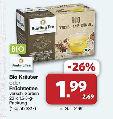 Bio Kräuter- oder Früchtetee von Bünting Tee – Fenchel-Anis-Kümmel