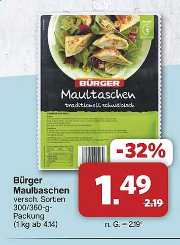Bürger Maultaschen verschiedene Sorten 300/360-g-Packung (1 kg ab 4,14)
