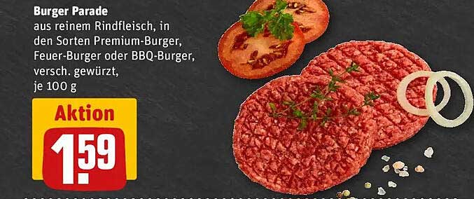 Burger Parade aus reinem Rindfleisch, in den Sorten Premium-Burger, Feuer-Burger oder BBQ-Burger, versch. gewürzt, je 100 g