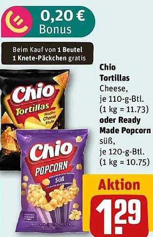 Chio Tortillas Cheese oder Ready Made Popcorn süß