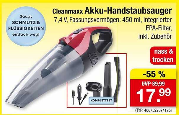 Cleanmaxx Akku-Handstaubsauger 7,4 V, Fassungsvermögen: 450 ml, inkl. Zubehör