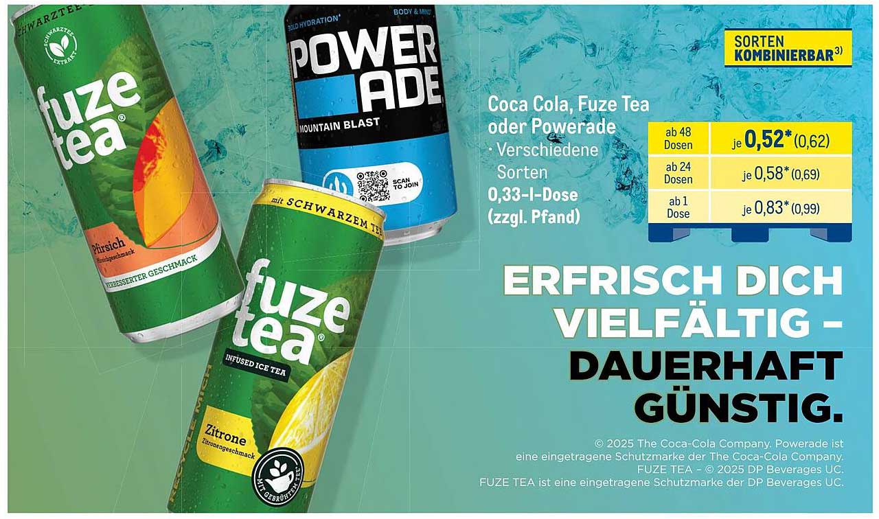 Coca Cola, Fuze Tea oder Powerade - verschiedene Sorten in 0,33 l-Dosen