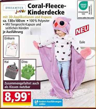 Coral-Fleece-Kinderdecke mit 3D-Applikationen und Kapuze