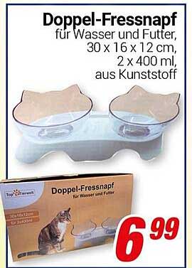Doppel-Fressnapf für Wasser und Futter, 30 x 16 x 12 cm, aus Kunststoff, 2 x 400 ml