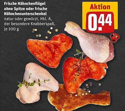 Frische Hähnchenflügel ohne Spitze oder frische Hähnchenunterschenkel natur oder gewürzt, Hkl. A, der besondere Knabberspaß, je 100 g