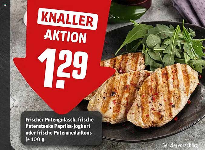 Frischer Putengulasch, frische Putenssteaks Paprika-Joghurt oder frische Putensmedaillons je 100 g