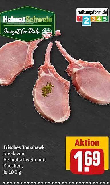Frisches Tomahawk Steak vom Heimatschwein, mit Knochen, je 100 g