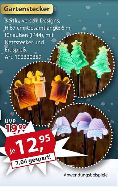 Gartenstecker 3 Stk., verschiedene Designs, H 67 cm, Gesamt- läng e: 6 m, für außen (IP44)