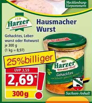 Harzer Hausmacher Wurst - Gehacktes, Leberwurst oder Rotwurst je 300 g