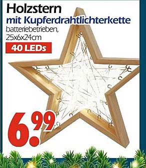 Holzstern mit Kupferdrahtlichterkette, batterie betrieben, 25x6x24cm, 40 LEDs