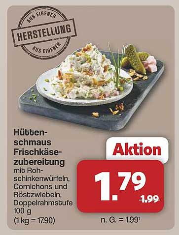 Hütten-schmaus Frischkäsezubereitung mit Rohschinkenwürfeln, Cornichons und Röstzwiebeln, Doppelrahmstufe 100 g