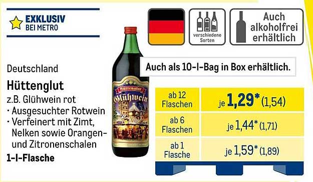 Hüttenglut Glühwein rot 1-l-Flasche