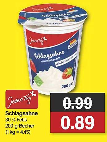 Jeden Tag Schlagrahm 30 % Fett 200-g-Becher