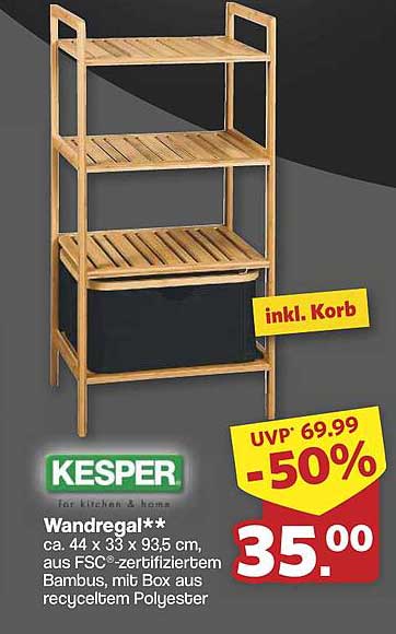 Kesper Wandregal aus FSC®-zertifiziertem Bambus - inkl. Korb