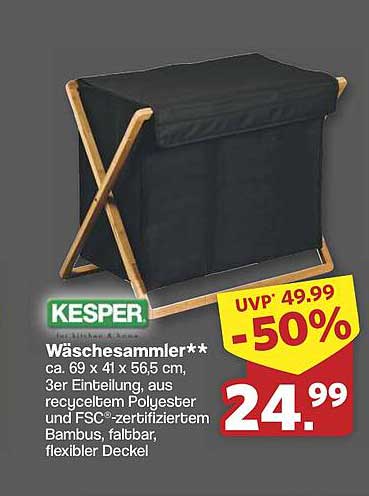 Kesper Wäsche Sammler – 3-fach Unterteilung, Bambusrahmen