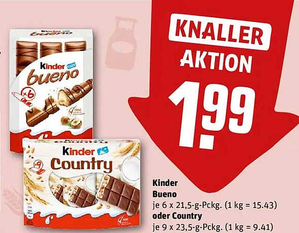 Kinder Bueno oder Kinder Country – Knaller-Aktion für nur 1,99 €