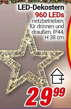 LED-Dekostern mit 960 LEDs, netzbetrieben, für drinnen und draußen, IP44, H 38 cm