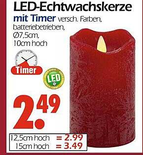 LED-Echtwachskerze mit Timer, verschiedenen Farben, batteriebetrieben, Ø7,5cm, 10cm hoch