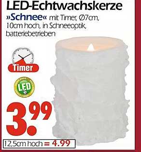 LED-Echtwachskerze „Schnee“ mit Timer, Ø7cm, 10cm hoch