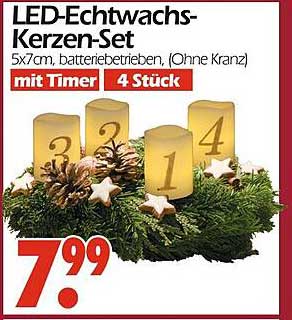 LED-Echtwachskerzen-Set 5x7cm, batteriebetrieben, mit Timer, 4 Stück
