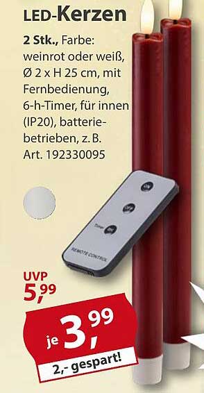 LED-Kerzen 2 Stk., Farbe: weinrot oder weiß, Ø 2 x H 25 cm, mit Fernbedienung