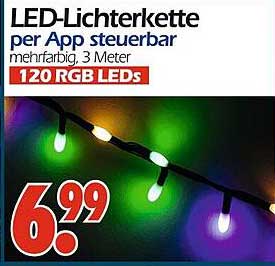 LED-Lichterkette per App steuerbar, mehrfarbig, 3 Meter, 120 RGB LEDs