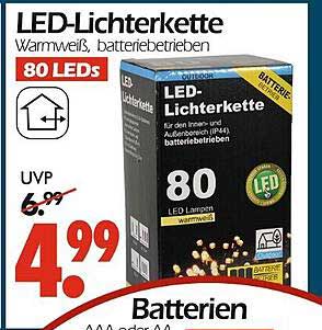 LED-Lichterkette Warmweiß, batterie betrieben - 80 LEDs