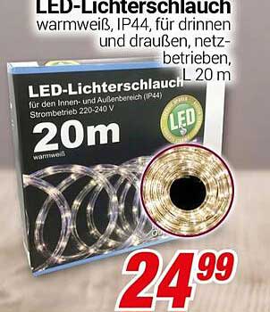 LED-Lichterschlauch warmweiß, IP44, für drinnen und draußen, netzbetrieben, L 20 m