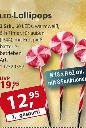 LED-Lollipops - 3 Stück, warmweiß, 60 LEDs, für draußen