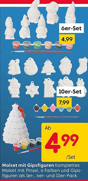 Malset mit Gipsfiguren Komplette Set mit Pinsel, 6 Farben und Gipsfiguren als 1er-, 6er- und 10er-Pack