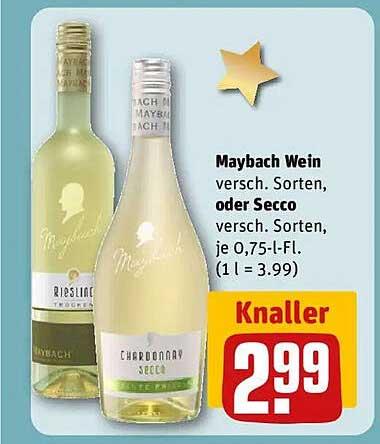 Maybach Wein oder Secco, verschiedene Sorten, je 0,75 l für nur 2,99 €