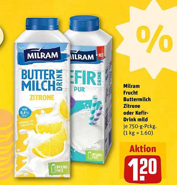 Milram Frucht Buttermilch Zitrone oder Kefir-Drink mild je 750-g-Pckg.