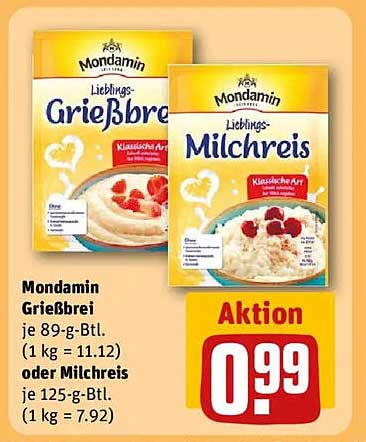 Mondamin Grießbrei oder Milchreis – Klassiker zum Aktionspreis
