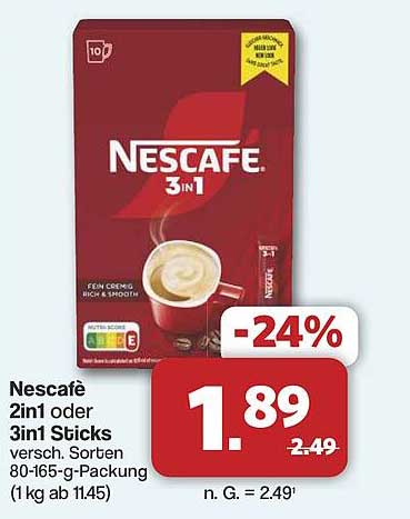 Nescafé 2in1 oder 3in1 Sticks, 80-165-g-Packung