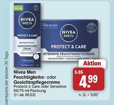 Nivea Men Feuchtigkeits- oder Gesichtspflegecreme Protect & Care oder Sensitive 50/75-ml-Packung