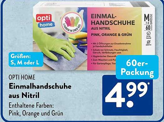 OPTI HOME Einmalhandschuhe aus Nitril in Pink, Orange und Grün