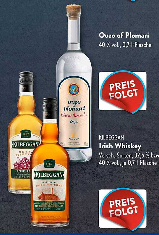 Ouzo of Plomari und Kilbeggan Irish Whiskey, je 0,7 l-Flasche