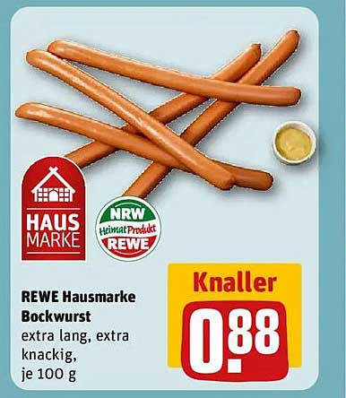 REWE Hausmarke Bockwurst extra lang, extra knackig, je 100 g