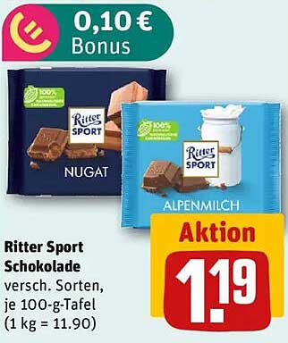 Ritter Sport Schokolade – verschiedene Sorten, je 100-g-Tafel